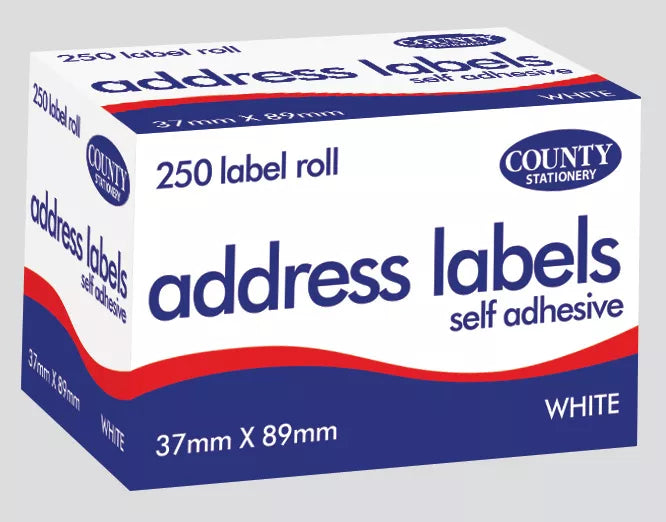 Roll of 250 County Stationery address labels, 37x89mm stickers for mailing, labeling, and organization.