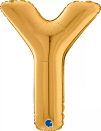 Gold 26-inch Grabo foil balloon in the shape of the letter Y, shiny and reflective, perfect for celebrations and decorations.