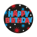Six small birthday-themed badges by Tiger Feet featuring open designs, perfect for celebrating and decorating.
