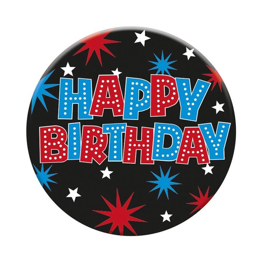 Six small birthday-themed badges by Tiger Feet featuring open designs, perfect for celebrating and decorating.