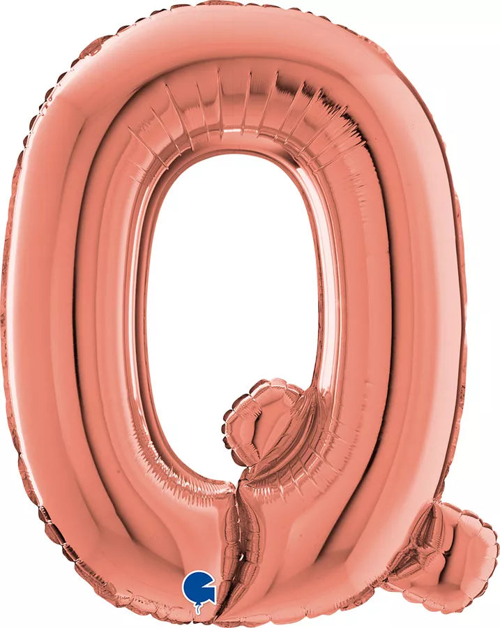 Grabo rose gold foil balloon in 26-inch letter Q, shiny metallic finish, perfect for celebrations and decorative events.