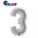 Silver Grabo foil balloon shaped as the number 3, 40 inches tall, with a shiny metallic finish for celebration or event decor.