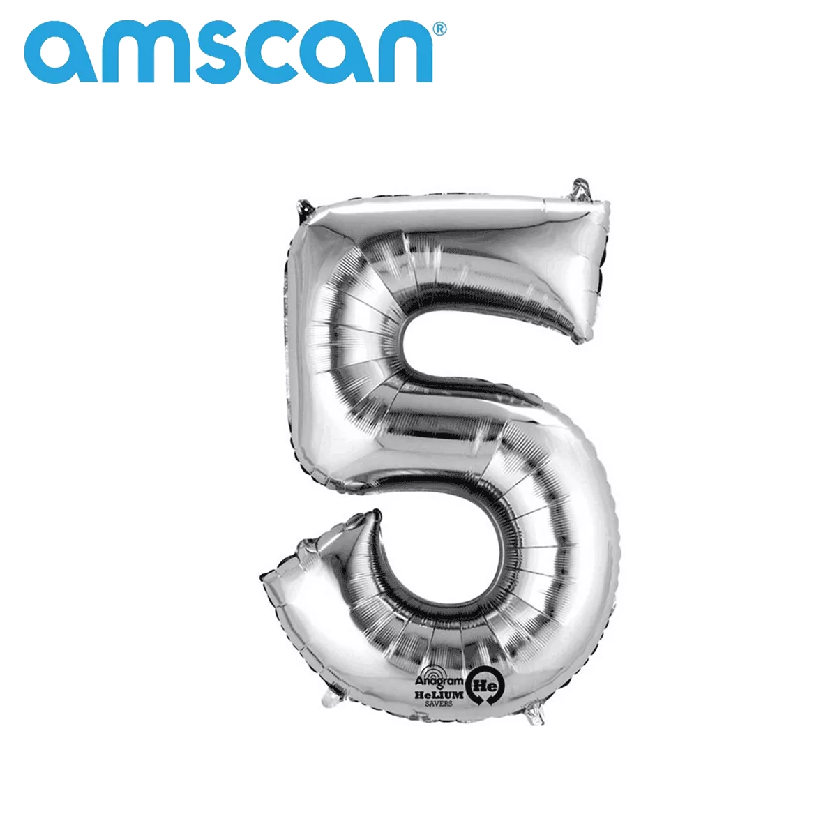 Silver Anagram foil balloon in the shape of the number 5, 16-inch size, with shiny metallic finish for celebrations.