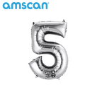 Silver Anagram foil balloon in the shape of the number 5, 16-inch size, with shiny metallic finish for celebrations.