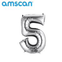 Silver Anagram foil balloon in the shape of the number 5, 16-inch size, with shiny metallic finish for celebrations.
