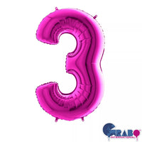 Purple 40-inch Grabo foil balloon shaped as the number 3, shiny and reflective with vibrant purple color.