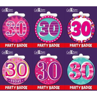 Six small birthday badges with "30" age design, ideal for celebrating a 30th birthday, by Giftzone.