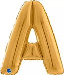 Gold Grabo foil balloon in the shape of the letter A, 26 inches tall, with shiny metallic finish and balloon details visible.