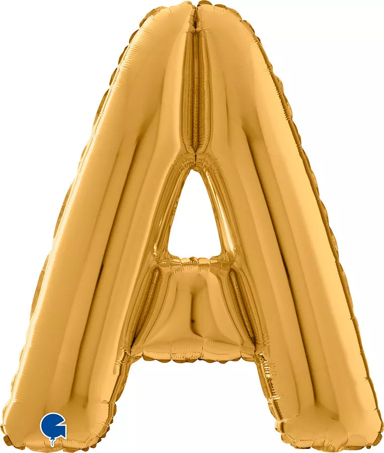 Gold Grabo foil balloon in the shape of the letter A, 26 inches tall, with shiny metallic finish and balloon details visible.