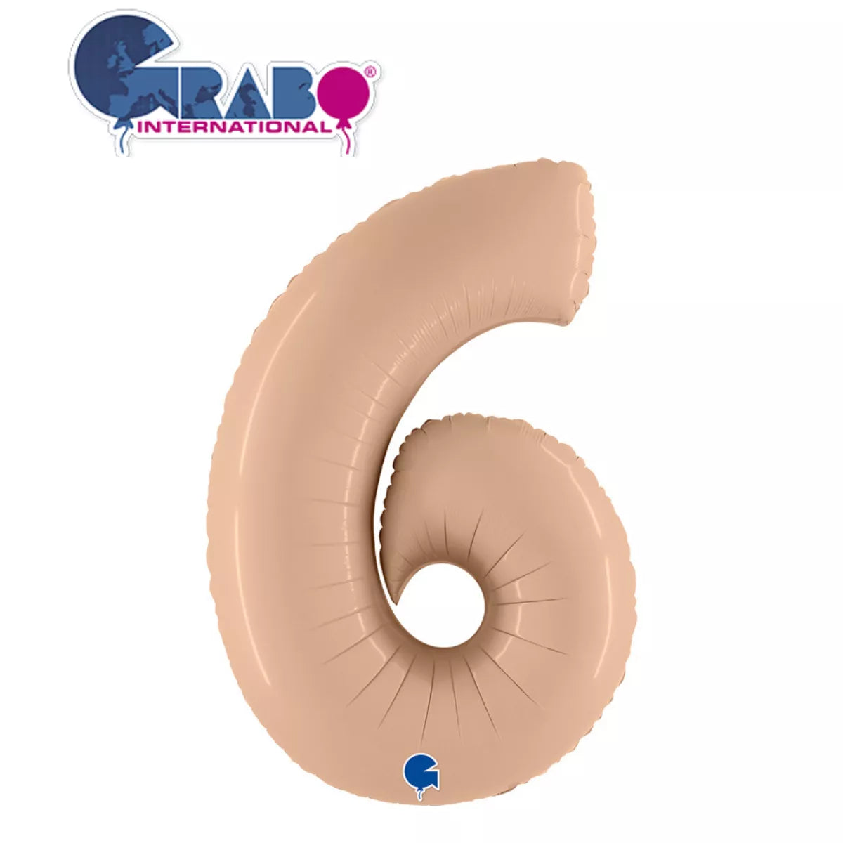 Satin nude 40-inch Grabo foil number 6 balloon, shiny and reflective, perfect for celebrations and decorative events.