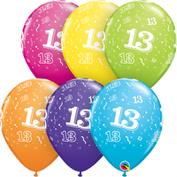 Qualatex 25-pack printed latex balloons featuring colorful tropical designs, perfect for age 13 celebrations, 11-inch size.