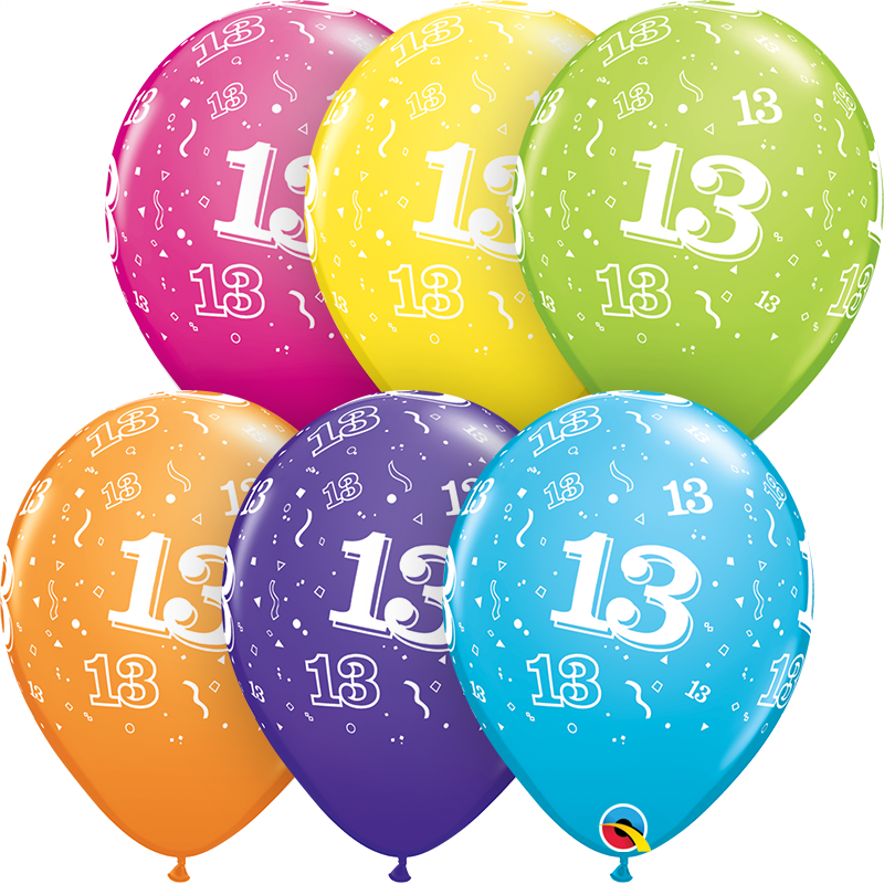 Qualatex 25-pack printed latex balloons featuring colorful tropical designs, perfect for age 13 celebrations, 11-inch size.