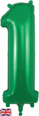 Green Oaktree foil number 1 balloon, 34 inches tall, featuring shiny metallic surface and rounded shape for celebration decorations.