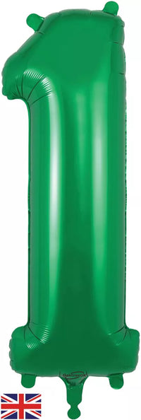Green Oaktree foil number 1 balloon, 34 inches tall, featuring shiny metallic surface and rounded shape for celebration decorations.