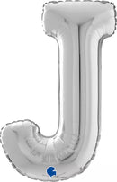 Silver Grabo foil balloon in the shape of the letter J, measuring 26 inches, with shiny metallic finish.