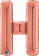 Grabo rose gold foil letter H balloon, 26-inch size, with shiny metallic finish, designed for celebrations and party decorations.