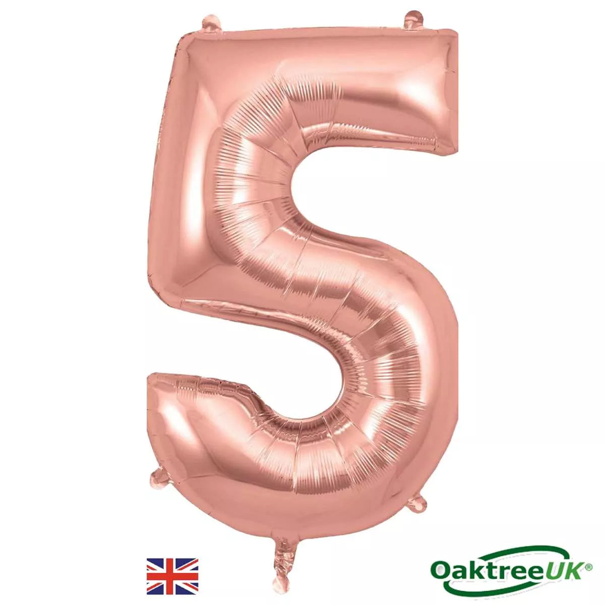 Oaktree Rose Gold 34-inch foil balloon in the shape of the number 5, shiny and reflective with a smooth surface.