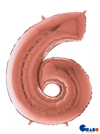 Grabo 26-inch rose gold foil number 6 balloon, shiny metallic finish, designed for celebrations and party decor.