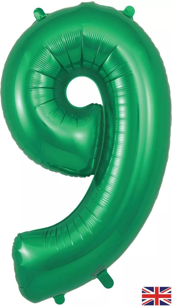 Oaktree green foil balloon shaped as the number 9, 34 inches tall, suitable for celebrations and party decorations