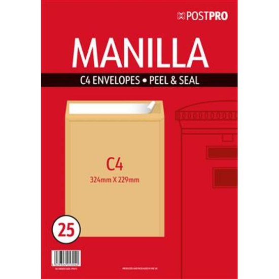 25pk Envelopes C4 229x324mm Manilla Peal&Seal