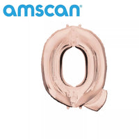 Anagram rose gold foil letter Q balloon, 16-inch size, shiny metallic finish, designed for celebrations and decorative purposes.