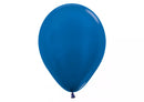 Sempertex metallic blue latex balloons, 12-inch size, set of 12, decorated for celebrations or events.