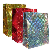 Set of 12 small portrait holographic gift bags by Wraptastic, assorted colors with shiny, reflective surfaces for gift wrapping.