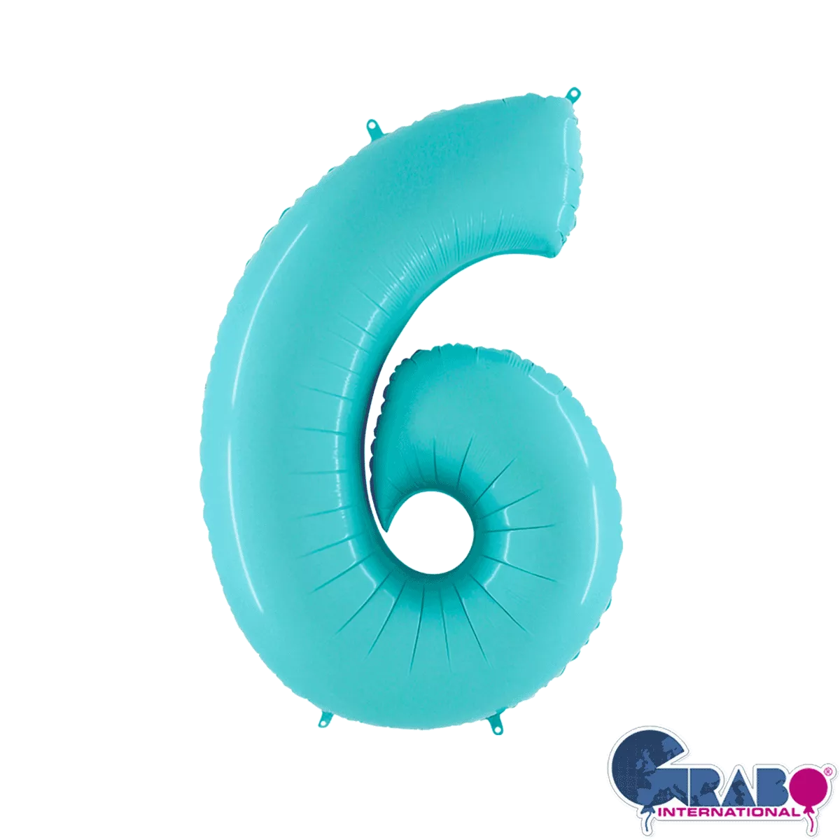 Pastel blue Grabo foil balloon shaped as the number 6, 26 inches tall, with shiny, reflective surface for celebrations