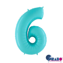 Pastel blue Grabo foil balloon shaped as the number 6, 26 inches tall, with shiny, reflective surface for celebrations