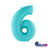 Pastel blue Grabo foil balloon shaped as the number 6, 26 inches tall, with shiny, reflective surface for celebrations