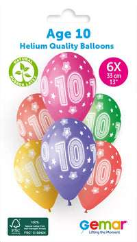 Six Gemar Cosmic Stars 13-inch printed latex balloons with colorful star designs, perfect for celebrations and parties.