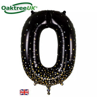 Oaktree black and gold foil number 0 balloon, 34 inches, shiny metallic finish, suitable for celebrations and special events.