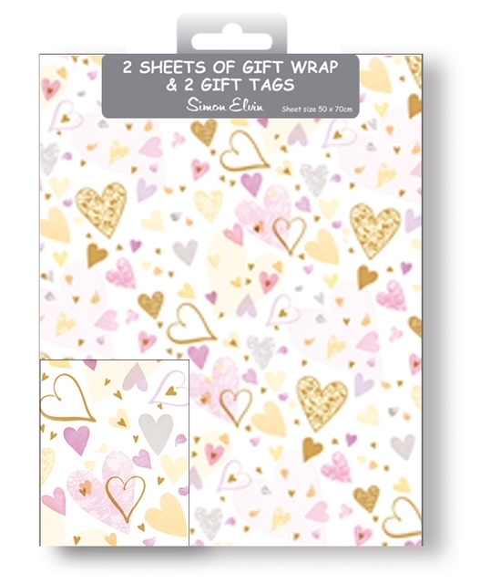 12pk Folded Wrap & Tags Hearts Pink And Gold