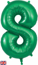Oaktree green foil balloon shaped as the number 8, 34 inches tall, with shiny metallic surface and vibrant green color