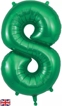 Oaktree green foil balloon shaped as the number 8, 34 inches tall, with shiny metallic surface and vibrant green color