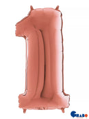 Grabo rose gold foil balloon shaped as number 1, 26 inches tall, with reflective metallic finish and printed "1" on the surface.