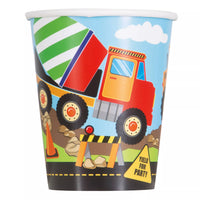 Set of 8 Unique Construction Party 9oz paper cups, colorful construction-themed drinkware for celebrations and events.