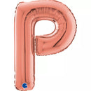 Grabo rose gold foil letter P balloon, 26-inch size, with shiny metallic finish and letter-shaped design for celebrations.