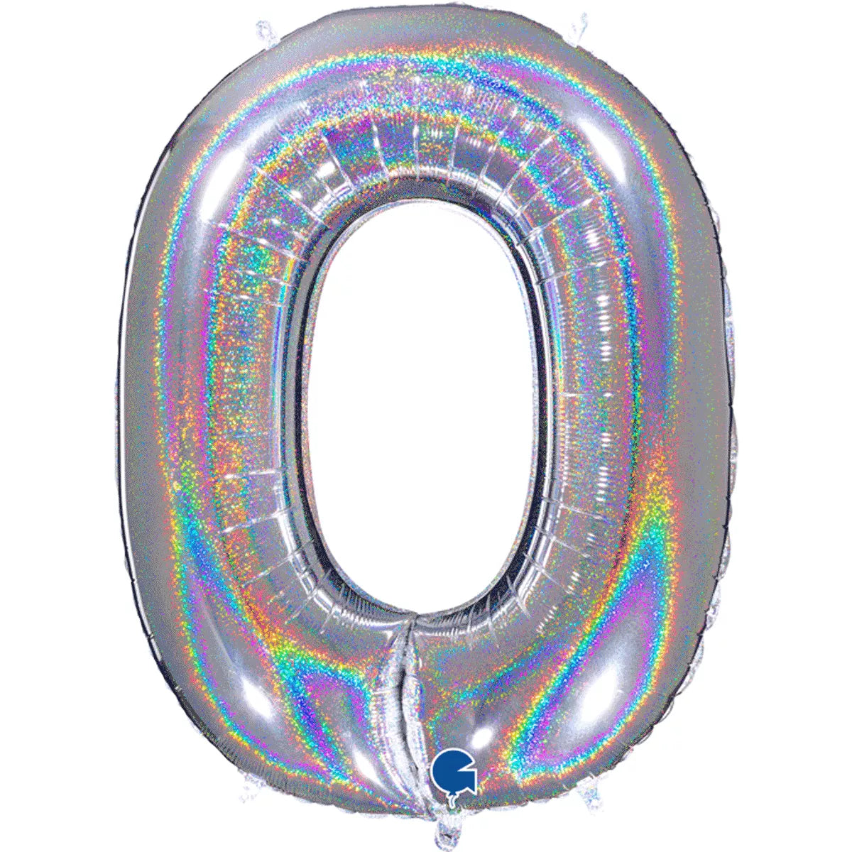 Silver Grabo foil balloon in 40-inch number 0 with holographic glitter finish, designed for celebrations and special occasions.