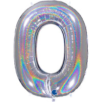 Silver Grabo foil balloon in 40-inch number 0 with holographic glitter finish, designed for celebrations and special occasions.