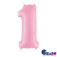 Pastel pink Grabo foil balloon shaped as the number 1, measuring 26 inches tall, on a plain background.
