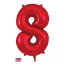 Red Oaktree foil balloon shaped as the number 8, measuring 34 inches tall, perfect for celebrations and party decorations.