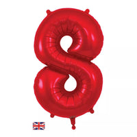 Red Oaktree foil balloon shaped as the number 8, measuring 34 inches tall, perfect for celebrations and party decorations.