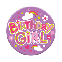 Six small Tiger Feet birthday badges with open designs, featuring colorful graphics and fun celebratory themes.