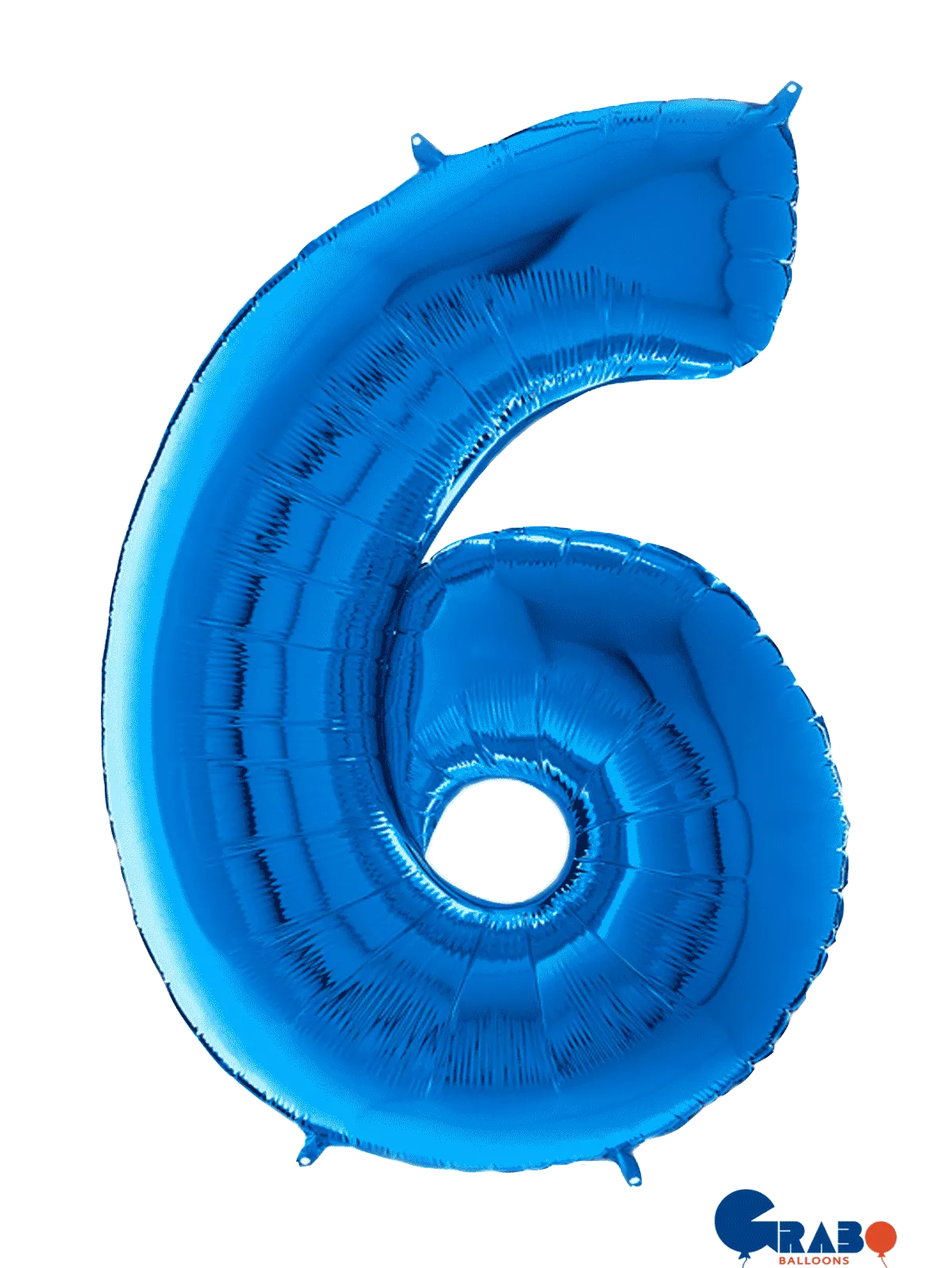 Blue Grabo foil balloon shaped as the number 6, measuring 26 inches, with shiny metallic surface for celebrations and decorations.