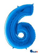 Blue Grabo foil balloon shaped as the number 6, measuring 26 inches, with shiny metallic surface for celebrations and decorations.