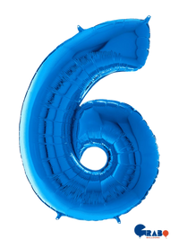 Blue Grabo foil balloon shaped as the number 6, measuring 26 inches, with shiny metallic surface for celebrations and decorations.