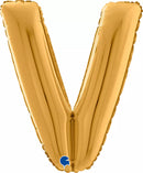 Gold Grabo foil balloon shaped as the letter V, 26 inches tall, with shiny metallic finish and smooth surface.