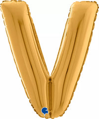 Gold Grabo foil balloon shaped as the letter V, 26 inches tall, with shiny metallic finish and smooth surface.