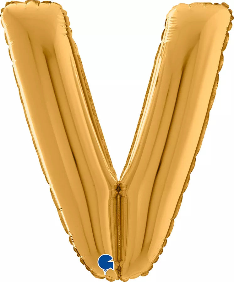 Gold Grabo foil balloon shaped as the letter V, 26 inches tall, with shiny metallic finish and smooth surface.